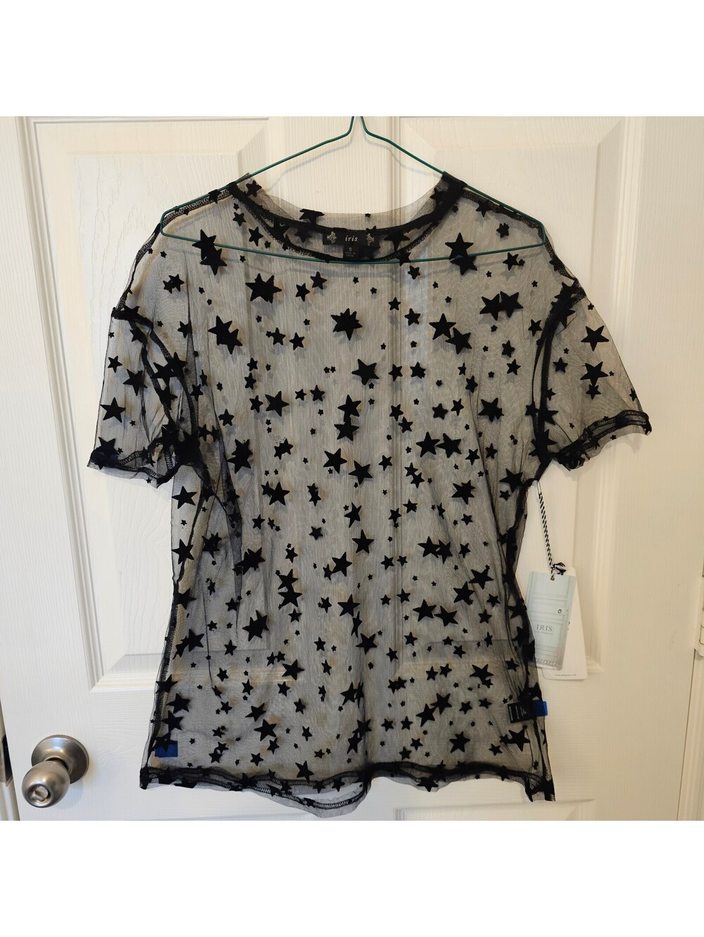 Iris Women Top Sheer Black Mesh Flocked Stars Festival Fairy Halloween Cosmic--S